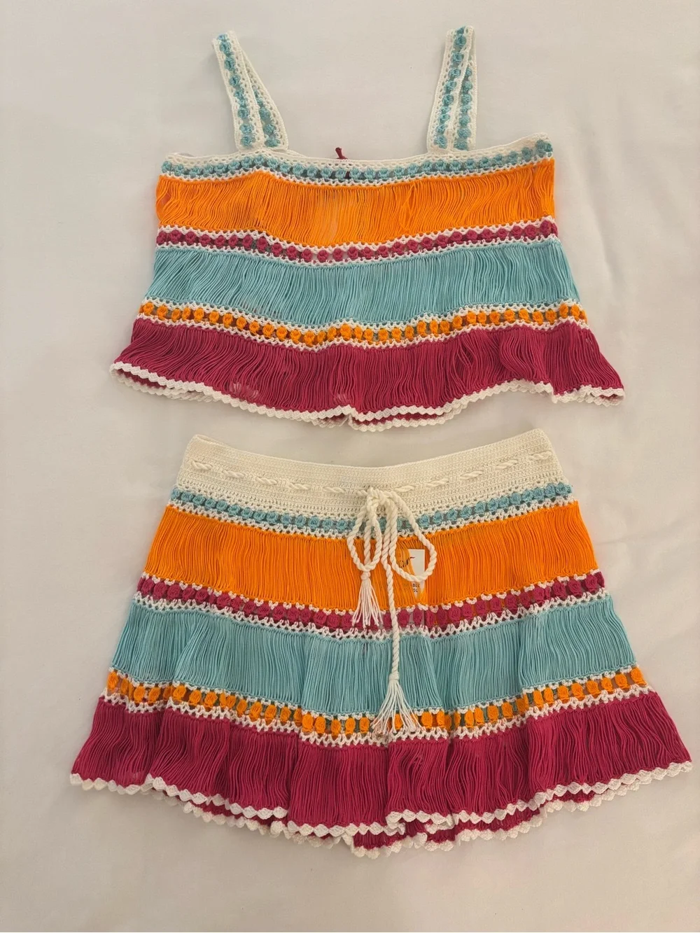 🧡 My Beachy Side Handmade Crochet Fringe Set — Top (M) / Skirt (S)